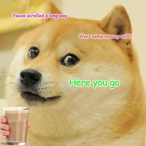 Doge Meme |  Youve scrolled a long way; Want some choccy milk? Here you go | image tagged in memes,doge | made w/ Imgflip meme maker