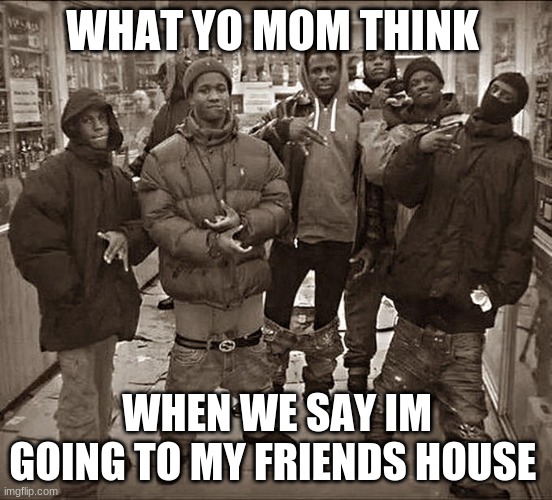 All My Homies Hate | WHAT YO MOM THINK; WHEN WE SAY IM GOING TO MY FRIENDS HOUSE | image tagged in all my homies hate | made w/ Imgflip meme maker