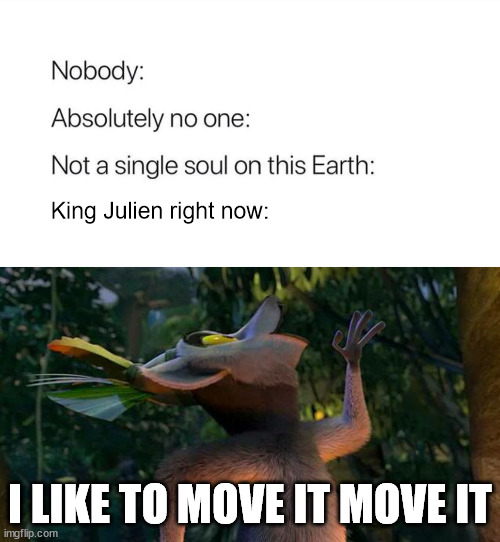 King Julien right now:; I LIKE TO MOVE IT MOVE IT | image tagged in nobody absolutely no one,i like to move it move it | made w/ Imgflip meme maker