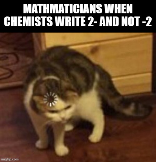 Chemistry is very strange | MATHMATICIANS WHEN CHEMISTS WRITE 2- AND NOT -2 | image tagged in loading cat,chemistry,math,memes | made w/ Imgflip meme maker