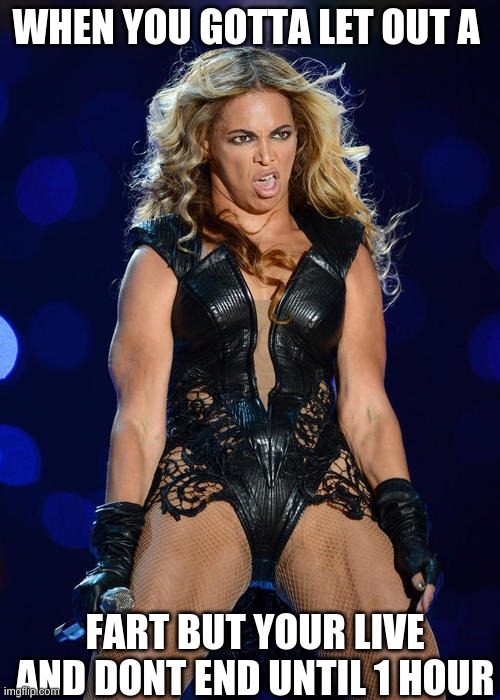 Ermahgerd beyonce |  WHEN YOU GOTTA LET OUT A; FART BUT YOUR LIVE AND DONT END UNTIL 1 HOUR | image tagged in memes,ermahgerd beyonce | made w/ Imgflip meme maker