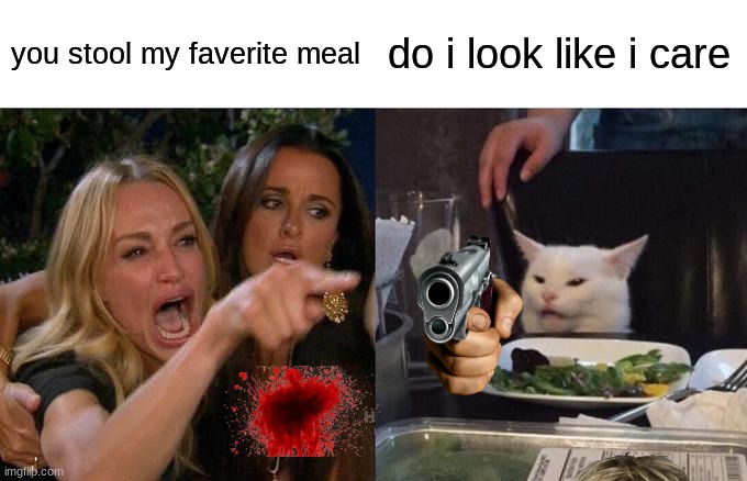 Woman Yelling At Cat Meme | you stool my faverite meal; do i look like i care | image tagged in memes,woman yelling at cat | made w/ Imgflip meme maker