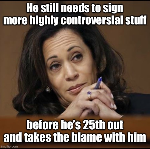 Kamala Harris  | He still needs to sign more highly controversial stuff before he’s 25th out and takes the blame with him | image tagged in kamala harris | made w/ Imgflip meme maker