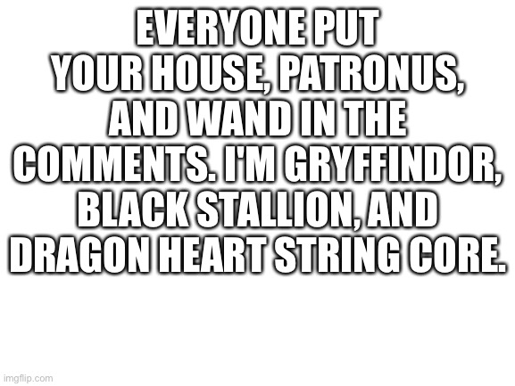 Blank White Template | EVERYONE PUT YOUR HOUSE, PATRONUS, AND WAND IN THE COMMENTS. I'M GRYFFINDOR, BLACK STALLION, AND DRAGON HEART STRING CORE. | image tagged in blank white template | made w/ Imgflip meme maker