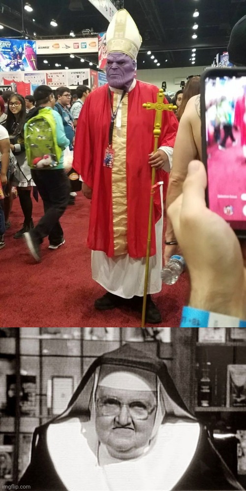 PRIEST THANOS? | image tagged in memes,frowning nun,thanos,cosplay | made w/ Imgflip meme maker