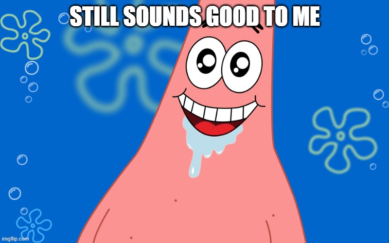 Patrick Drooling Spongebob | STILL SOUNDS GOOD TO ME | image tagged in patrick drooling spongebob | made w/ Imgflip meme maker