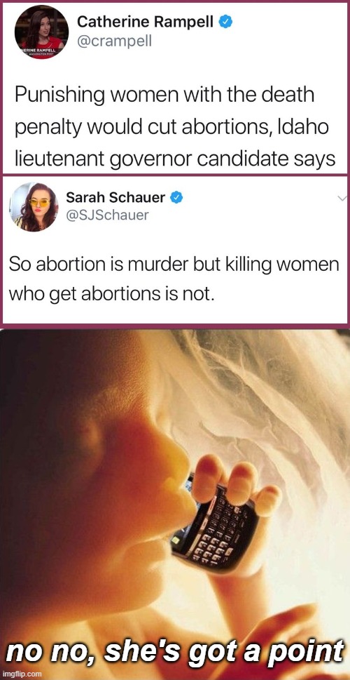 Republican solution to (alleged) “murder”: actual murder | no no, she's got a point | image tagged in abortion killing women,baby in womb on cell phone - fetus blackberry,abortion,pro-choice,murder,twitter | made w/ Imgflip meme maker