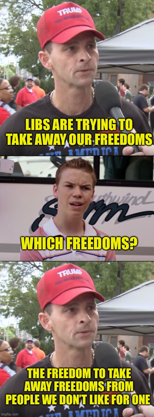 Personal freedom isn’t allowed for groups we don’t like! Now stop trying to make us all equal! | LIBS ARE TRYING TO TAKE AWAY OUR FREEDOMS; WHICH FREEDOMS? THE FREEDOM TO TAKE AWAY FREEDOMS FROM PEOPLE WE DON’T LIKE FOR ONE | image tagged in trump supporter,you guys are getting paid | made w/ Imgflip meme maker