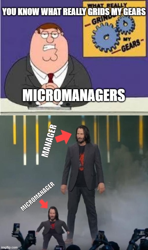 Micromanagers | YOU KNOW WHAT REALLY GRIDS MY GEARS; MICROMANAGERS; MANAGER; MICROMANAGER | image tagged in you know what really grinds my gears,tiny keanu,micromanager | made w/ Imgflip meme maker