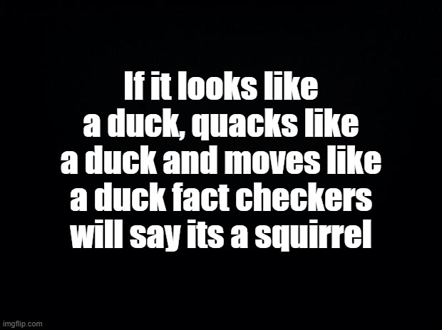 Black background | If it looks like a duck, quacks like a duck and moves like a duck fact checkers will say its a squirrel | image tagged in black background | made w/ Imgflip meme maker