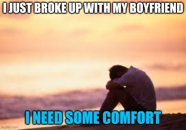 I need comfort | I JUST BROKE UP WITH MY BOYFRIEND; I NEED SOME COMFORT | image tagged in sad guy on the beach | made w/ Imgflip meme maker
