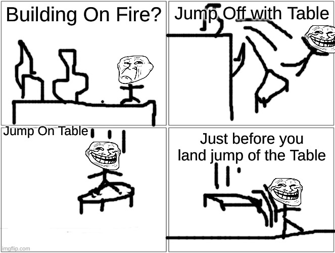 Blank Comic Panel 2x2 | Building On Fire? Jump Off with Table; Jump On Table; Just before you land jump of the Table | image tagged in memes,blank comic panel 2x2 | made w/ Imgflip meme maker