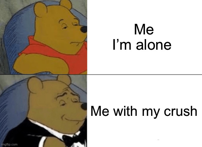 Tuxedo Winnie The Pooh | Me I’m alone; Me with my crush | image tagged in memes,tuxedo winnie the pooh | made w/ Imgflip meme maker