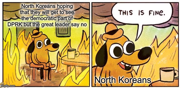 This Is Fine Meme | North Koreans hoping that they will get to see the democratic part of DPRK but the great leader say no; North Koreans | image tagged in memes,this is fine | made w/ Imgflip meme maker