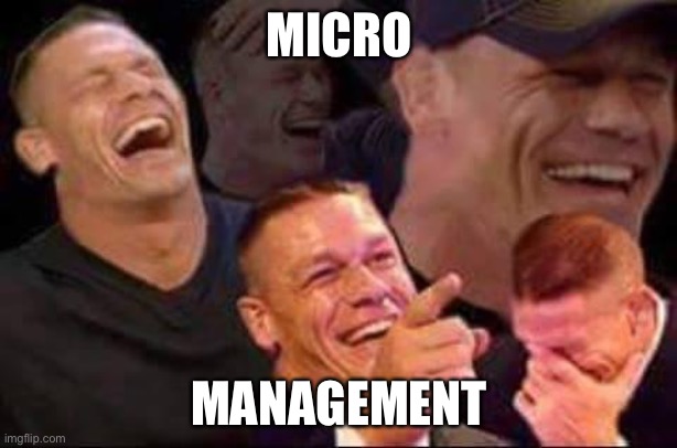 john cena laughing | MICRO MANAGEMENT | image tagged in john cena laughing | made w/ Imgflip meme maker