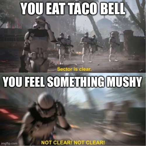 Mom I don’t feel so good | YOU EAT TACO BELL; YOU FEEL SOMETHING MUSHY | image tagged in sector is clear blur | made w/ Imgflip meme maker