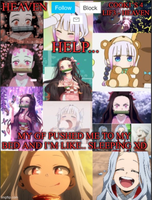 I call my gf my little nezuko... Kinda cute and weird XD | HELP... MY GF PUSHED ME TO MY BED AND I’M LIKE.. SLEEPING XD | image tagged in heavens temp adorable | made w/ Imgflip meme maker