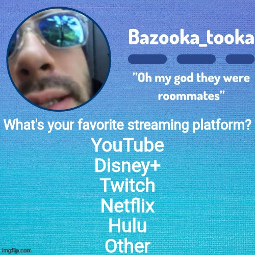I'll probably name this later lol | What's your favorite streaming platform? YouTube
Disney+
Twitch
Netflix
Hulu
Other | image tagged in i'll probably name this later lol | made w/ Imgflip meme maker