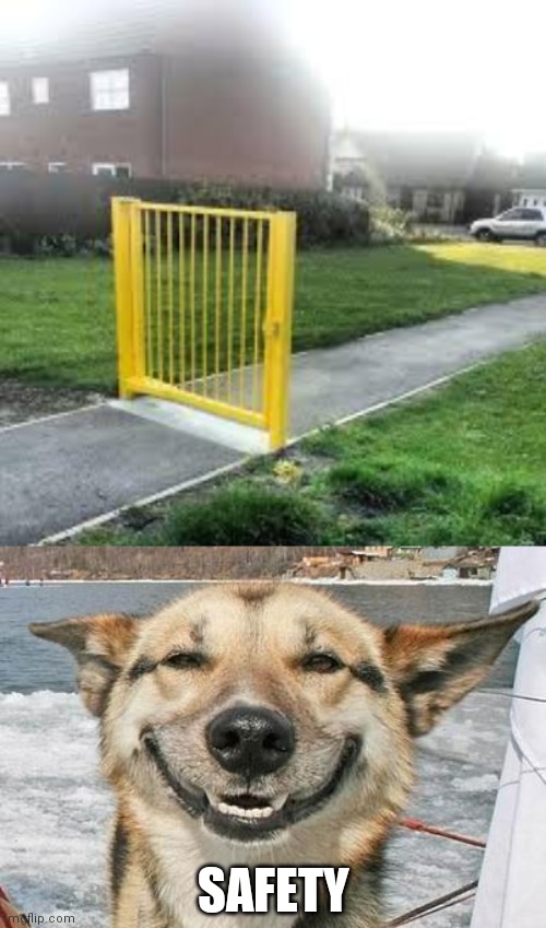 SAFETY | image tagged in useless gate,smiling dog | made w/ Imgflip meme maker