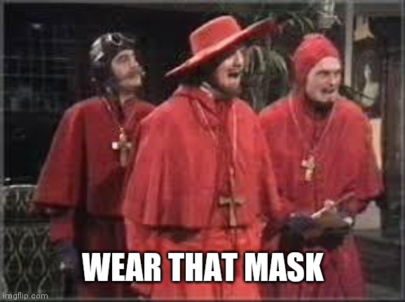 Spanish Inquisition | WEAR THAT MASK | image tagged in spanish inquisition | made w/ Imgflip meme maker