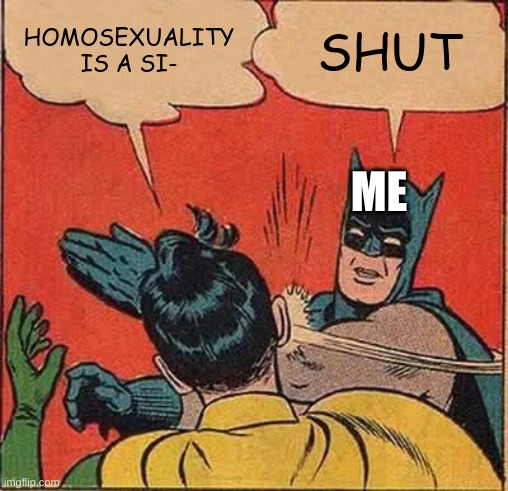 Batman Slapping Robin | HOMOSEXUALITY IS A SI-; SHUT; ME | image tagged in memes,batman slapping robin | made w/ Imgflip meme maker