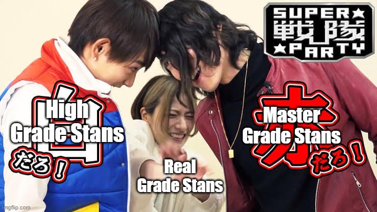 Kaitou vs. Zenkai Red | Master Grade Stans; High Grade Stans; Real Grade Stans | image tagged in kaitou vs zenkai red | made w/ Imgflip meme maker