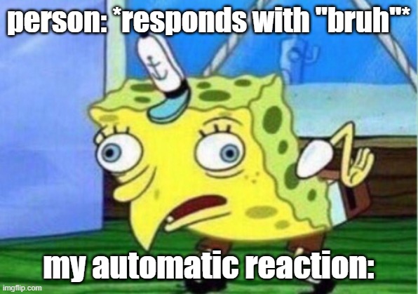 Mocking Spongebob Meme | person: *responds with "bruh"*; my automatic reaction: | image tagged in memes,mocking spongebob | made w/ Imgflip meme maker