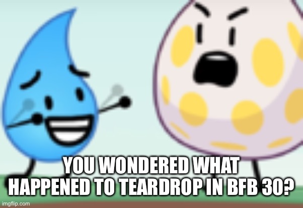 Teardrop Fluttering arms | YOU WONDERED WHAT HAPPENED TO TEARDROP IN BFB 30? | image tagged in teardrop fluttering arms | made w/ Imgflip meme maker