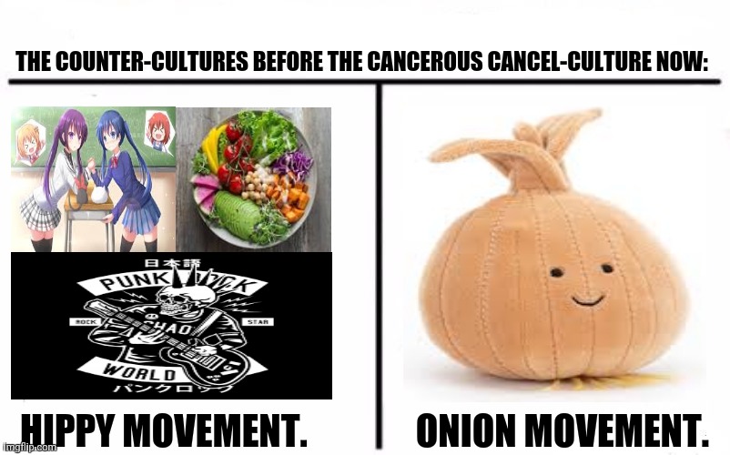 Who Would Win Blank | THE COUNTER-CULTURES BEFORE THE CANCEROUS CANCEL-CULTURE NOW:; HIPPY MOVEMENT.               ONION MOVEMENT. | image tagged in memes,culture club,who remembers | made w/ Imgflip meme maker
