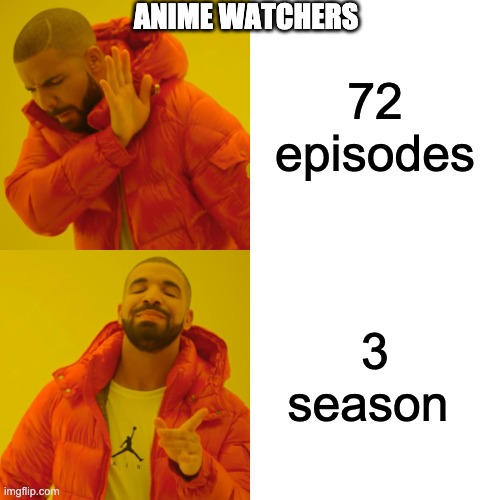 Drake Hotline Bling | ANIME WATCHERS; 72 episodes; 3 season | image tagged in memes,drake hotline bling | made w/ Imgflip meme maker