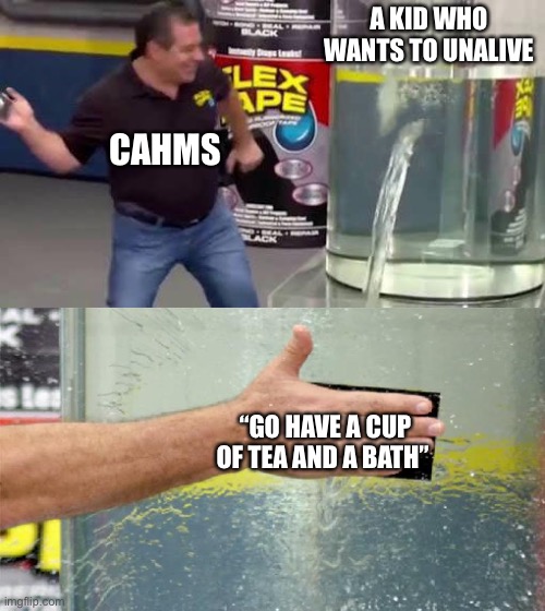 tea and baths solves world problems | A KID WHO WANTS TO UNALIVE; CAHMS; “GO HAVE A CUP OF TEA AND A BATH” | image tagged in flex tape | made w/ Imgflip meme maker