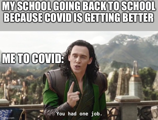 Come on. Now I can’t sleep in and I can’t do memes | MY SCHOOL GOING BACK TO SCHOOL BECAUSE COVID IS GETTING BETTER; ME TO COVID: | image tagged in you had one job just the one | made w/ Imgflip meme maker