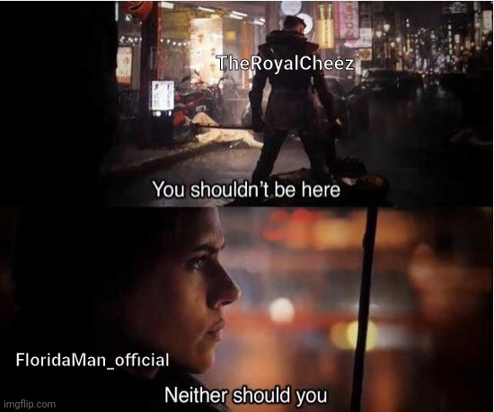 You shouldn't be here, Neither should you | TheRoyalCheez FloridaMan_official | image tagged in you shouldn't be here neither should you | made w/ Imgflip meme maker