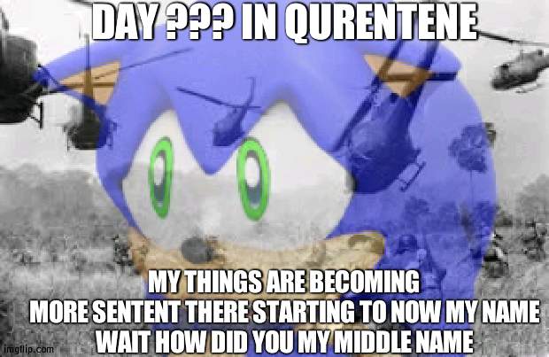 Sonic veitnam war | DAY ??? IN QURENTENE; MY THINGS ARE BECOMING MORE SENTENT THERE STARTING TO NOW MY NAME

WAIT HOW DID YOU MY MIDDLE NAME | image tagged in sonic veitnam war,memes | made w/ Imgflip meme maker