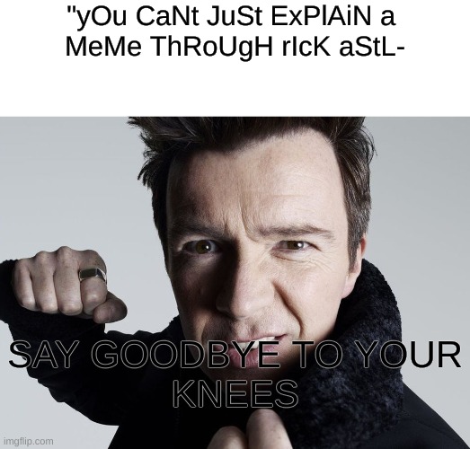 Rick Astley Punch | "yOu CaNt JuSt ExPlAiN a 
MeMe ThRoUgH rIcK aStL-; SAY GOODBYE TO YOUR
KNEES | image tagged in rick astley about to punch you | made w/ Imgflip meme maker