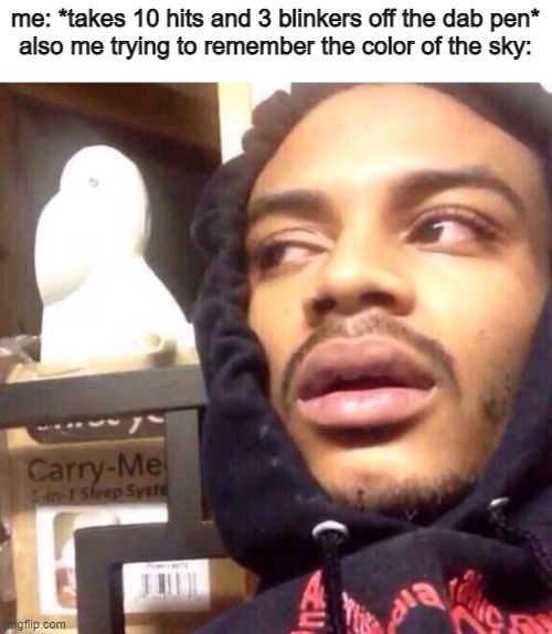 True story | me: *takes 10 hits and 3 blinkers off the dab pen*
also me trying to remember the color of the sky: | image tagged in high black guy | made w/ Imgflip meme maker