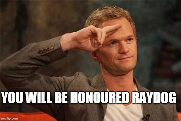 Barney Stinson Salute | YOU WILL BE HONOURED RAYDOG | image tagged in barney stinson salute | made w/ Imgflip meme maker