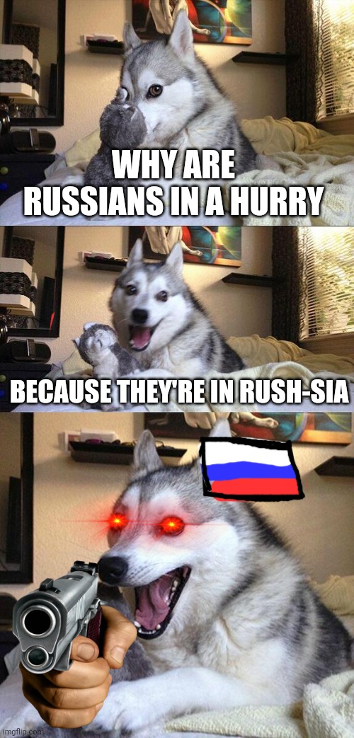 Insert Russian noises | WHY ARE RUSSIANS IN A HURRY; BECAUSE THEY'RE IN RUSH-SIA | image tagged in memes,bad pun dog | made w/ Imgflip meme maker