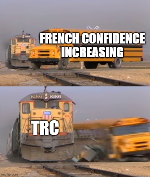 A train hitting a school bus | FRENCH CONFIDENCE INCREASING; TRC | image tagged in a train hitting a school bus | made w/ Imgflip meme maker