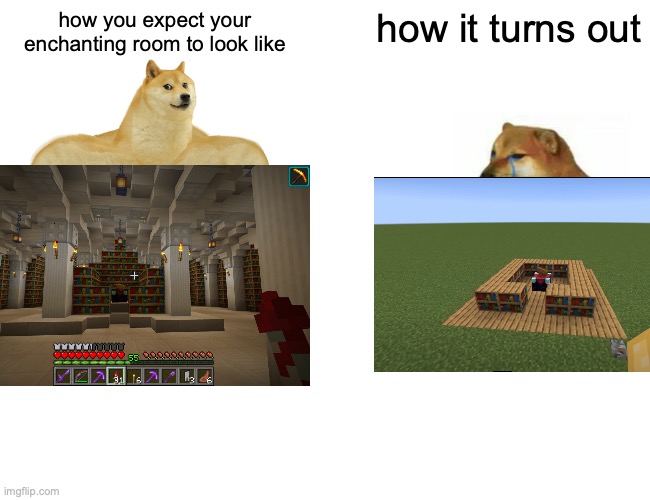 Buff Doge vs. Cheems Meme | how you expect your enchanting room to look like; how it turns out | image tagged in memes,buff doge vs cheems,minecraft | made w/ Imgflip meme maker