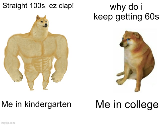 so true dude | Straight 100s, ez clap! why do i keep getting 60s; Me in kindergarten; Me in college | image tagged in memes,buff doge vs cheems | made w/ Imgflip meme maker