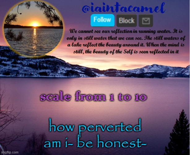 iaintacamel | scale from 1 to 10; how perverted am i- be honest- | image tagged in iaintacamel | made w/ Imgflip meme maker