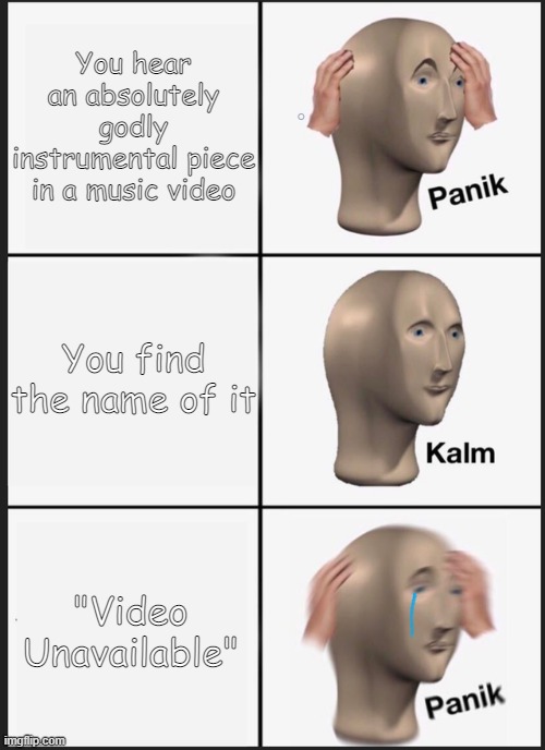 We Have all Panikked This Way | You hear an absolutely godly instrumental piece in a music video; You find the name of it; "Video Unavailable" | image tagged in panik kalm panik | made w/ Imgflip meme maker