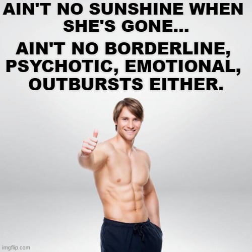 Ain't no sunshine when she's gone | AIN'T NO SUNSHINE WHEN 
SHE'S GONE... AIN'T NO BORDERLINE, 
PSYCHOTIC, EMOTIONAL, 
OUTBURSTS EITHER. | image tagged in happy thumbs up guy,aint no sunshine when  shes gone | made w/ Imgflip meme maker