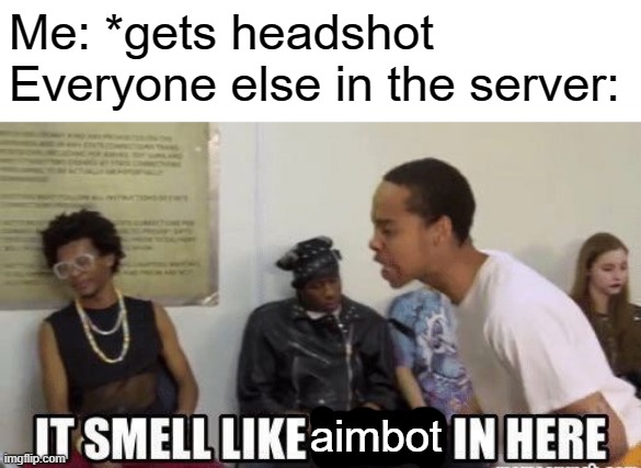 it smell like bitch in here | Me: *gets headshot
Everyone else in the server:; aimbot | image tagged in it smell like bitch in here | made w/ Imgflip meme maker
