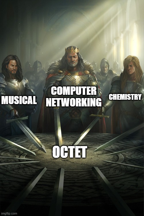 Swords united | COMPUTER NETWORKING; MUSICAL; CHEMISTRY; OCTET | image tagged in swords united | made w/ Imgflip meme maker