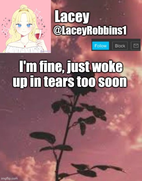 Lacey announcement template | I'm fine, just woke up in tears too soon | image tagged in lacey announcement template | made w/ Imgflip meme maker