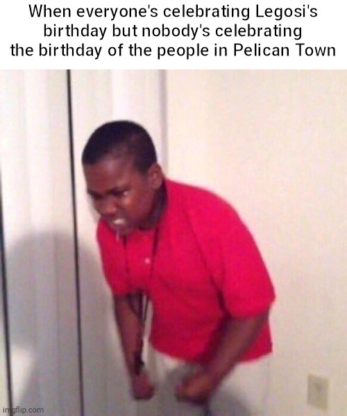 angry black kid | When everyone's celebrating Legosi's birthday but nobody's celebrating the birthday of the people in Pelican Town | image tagged in angry black kid | made w/ Imgflip meme maker
