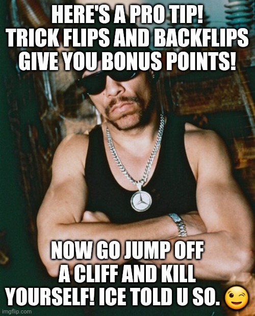 8 ball ad u know my dudes? |  HERE'S A PRO TIP! TRICK FLIPS AND BACKFLIPS GIVE YOU BONUS POINTS! NOW GO JUMP OFF A CLIFF AND KILL YOURSELF! ICE TOLD U SO. 😉 | image tagged in unsweet ice tea | made w/ Imgflip meme maker