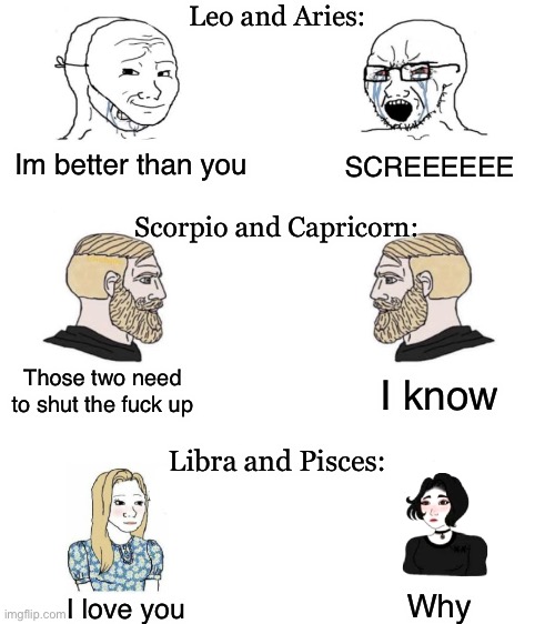 Blank White Template | Leo and Aries:; Im better than you; SCREEEEEE; Scorpio and Capricorn:; Those two need to shut the fuck up; I know; Libra and Pisces:; Why; I love you | image tagged in blank white template,zodiac,astrology | made w/ Imgflip meme maker